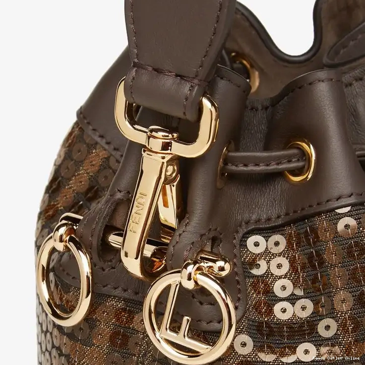 Cheap Brown with Motif Tresor FF Fabric Fendi Mini Mon Bag In Sequins Bucket 0521